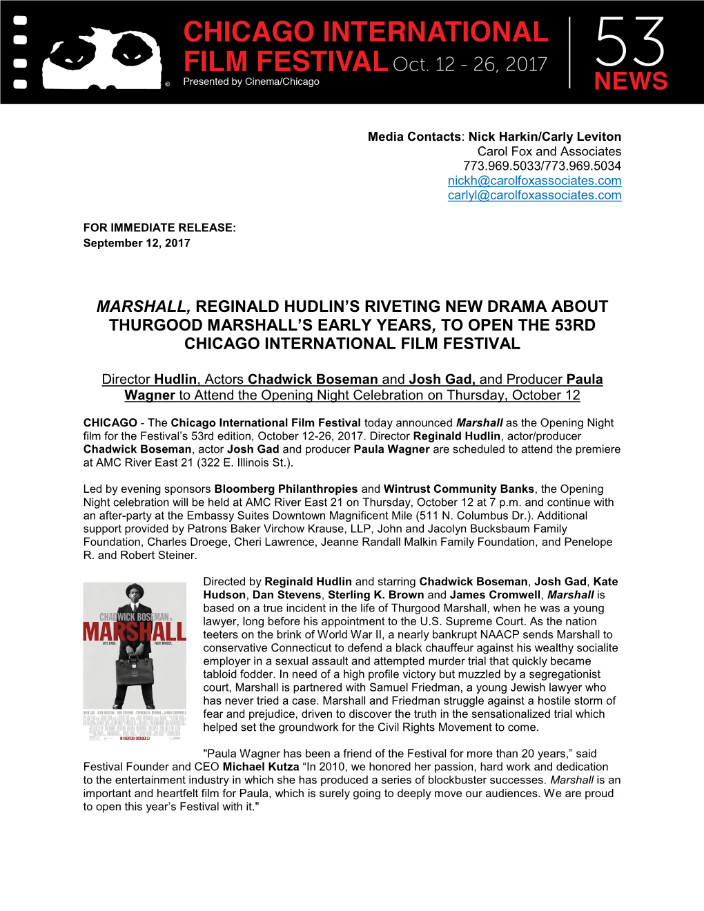 Marshall, Reginald Hudlin's Riveting New Drama About Thurgood Marshall's Early Years, to Open the 53Rd Chicago International