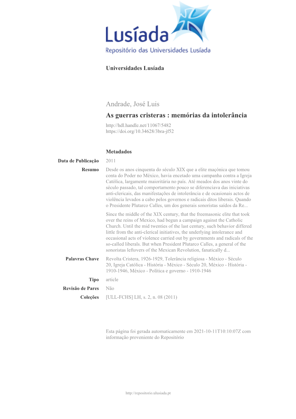 Andrade, José Luis As Guerras Cristeras : Memórias Da Intolerância