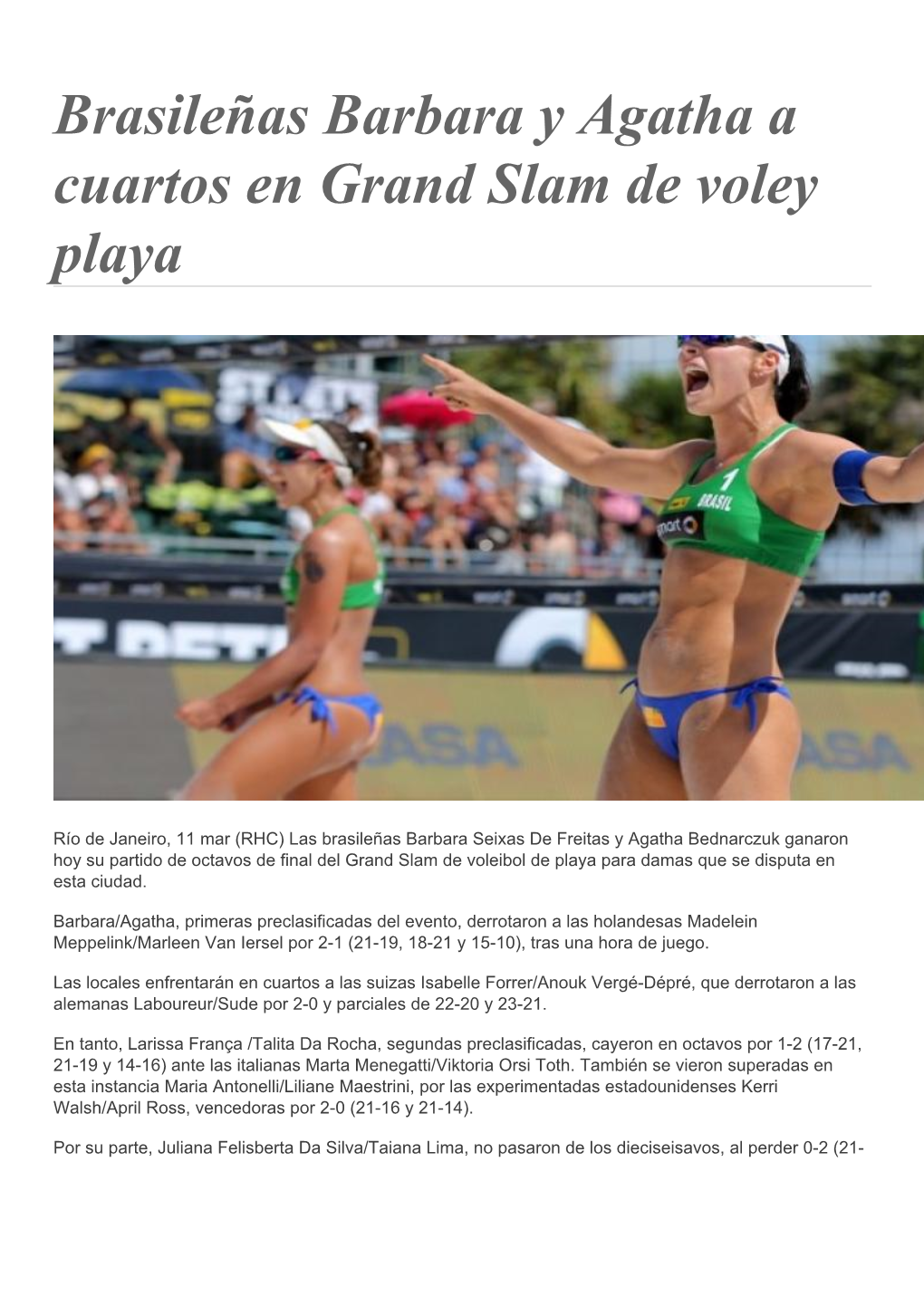 Brasileñas Barbara Y Agatha a Cuartos En Grand Slam De Voley Playa