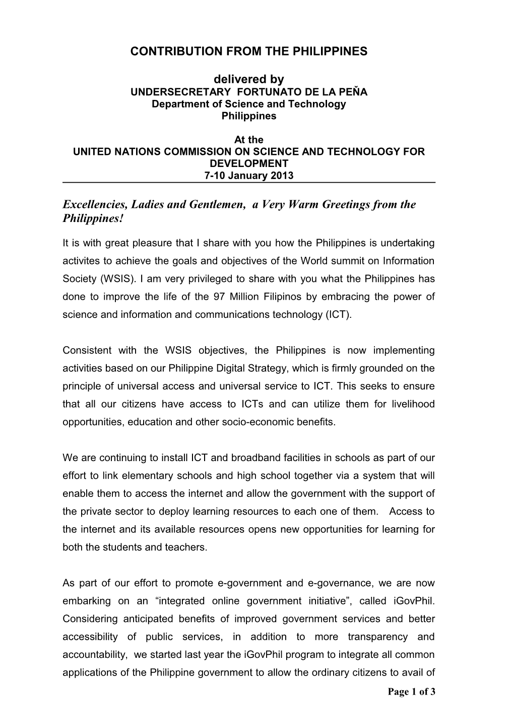 Contribution from the Philippines on WSIS Follow-Up