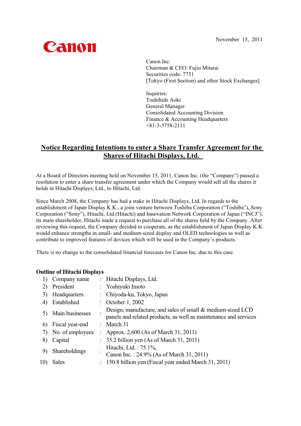 Notice Regarding Intentions to Enter a Share Transfer Agreement for the Shares of Hitachi Displays, Ltd