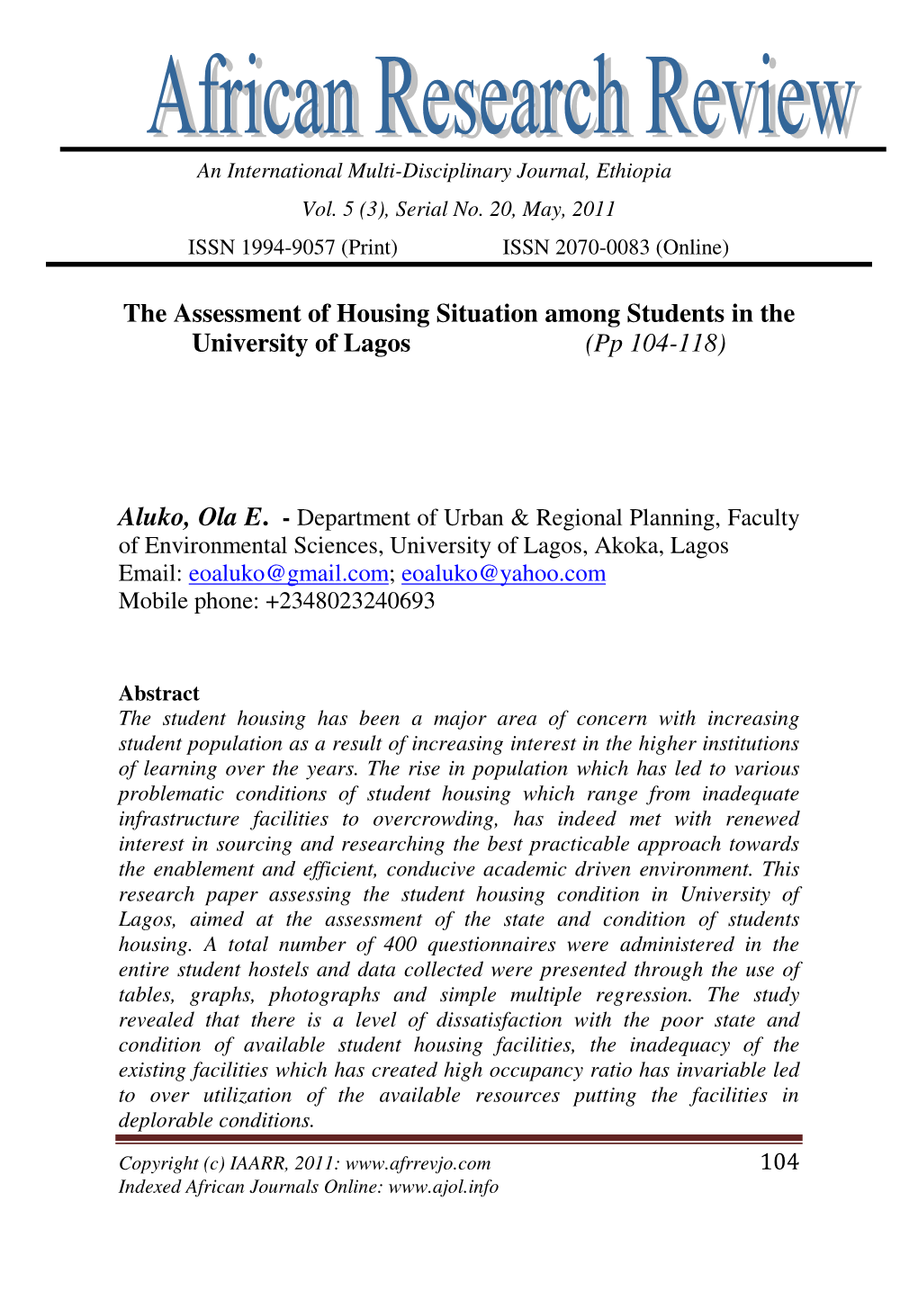 The Assessment of Housing Situation Among Students in the University of Lagos (Pp 104-118)