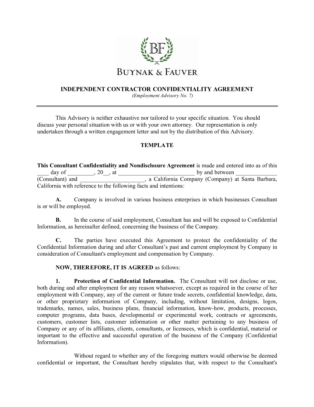 INDEPENDENT CONTRACTOR CONFIDENTIALITY AGREEMENT (Employment Advisory No