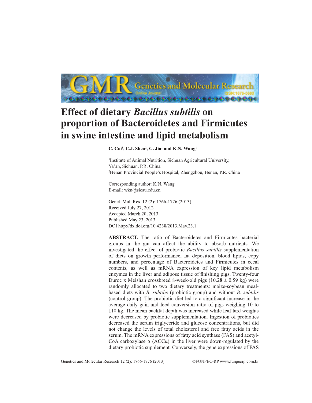 Effect of Dietary Bacillus Subtilis on Proportion of Bacteroidetes and Firmicutes in Swine Intestine and Lipid Metabolism