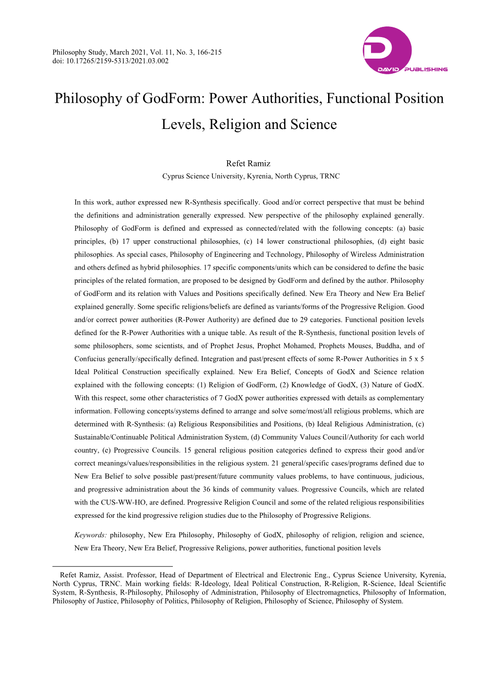 Power Authorities, Functional Position Levels, Religion and Science