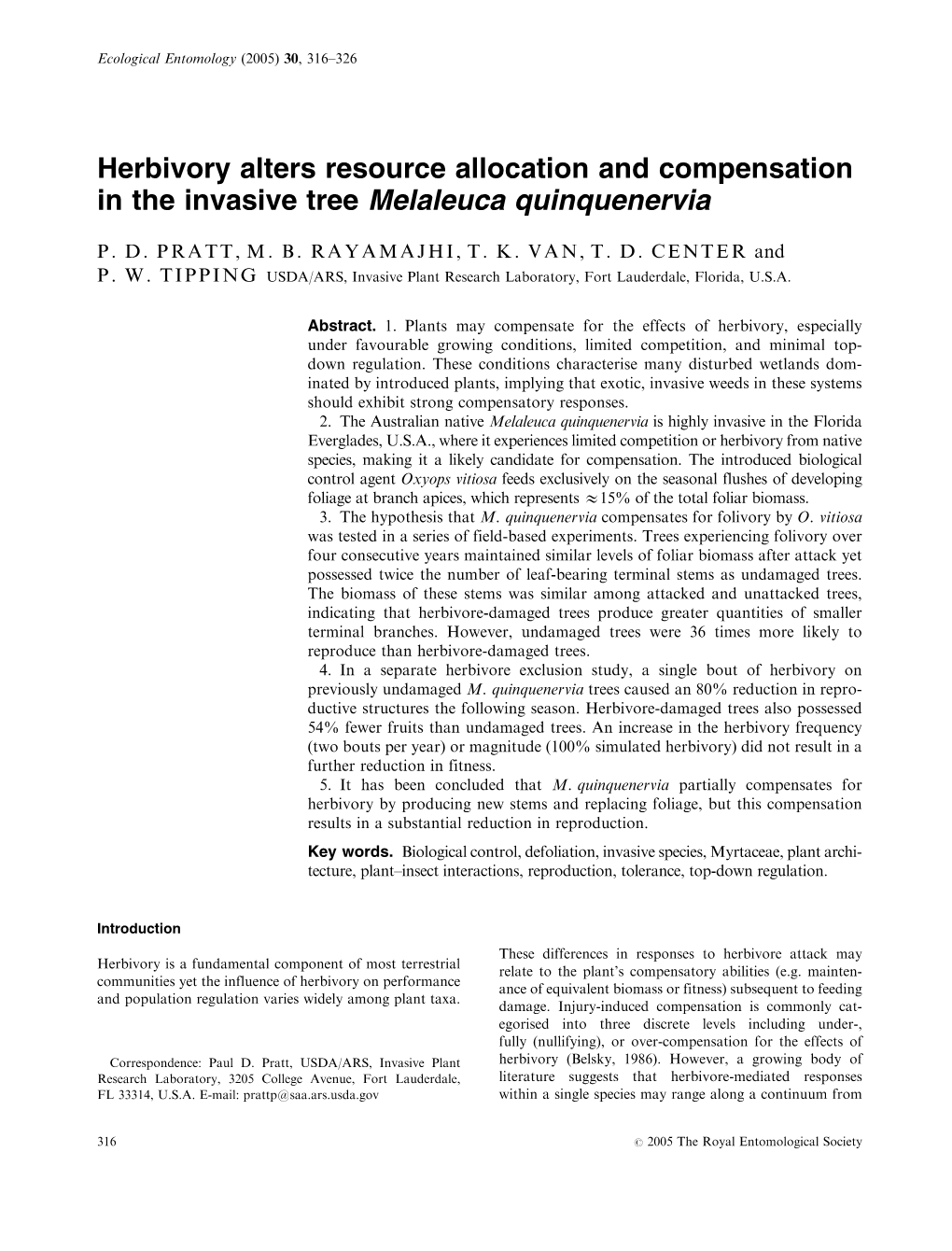 Herbivory Alters Resource Allocation and Compensation in the Invasive Tree Melaleuca Quinquenervia