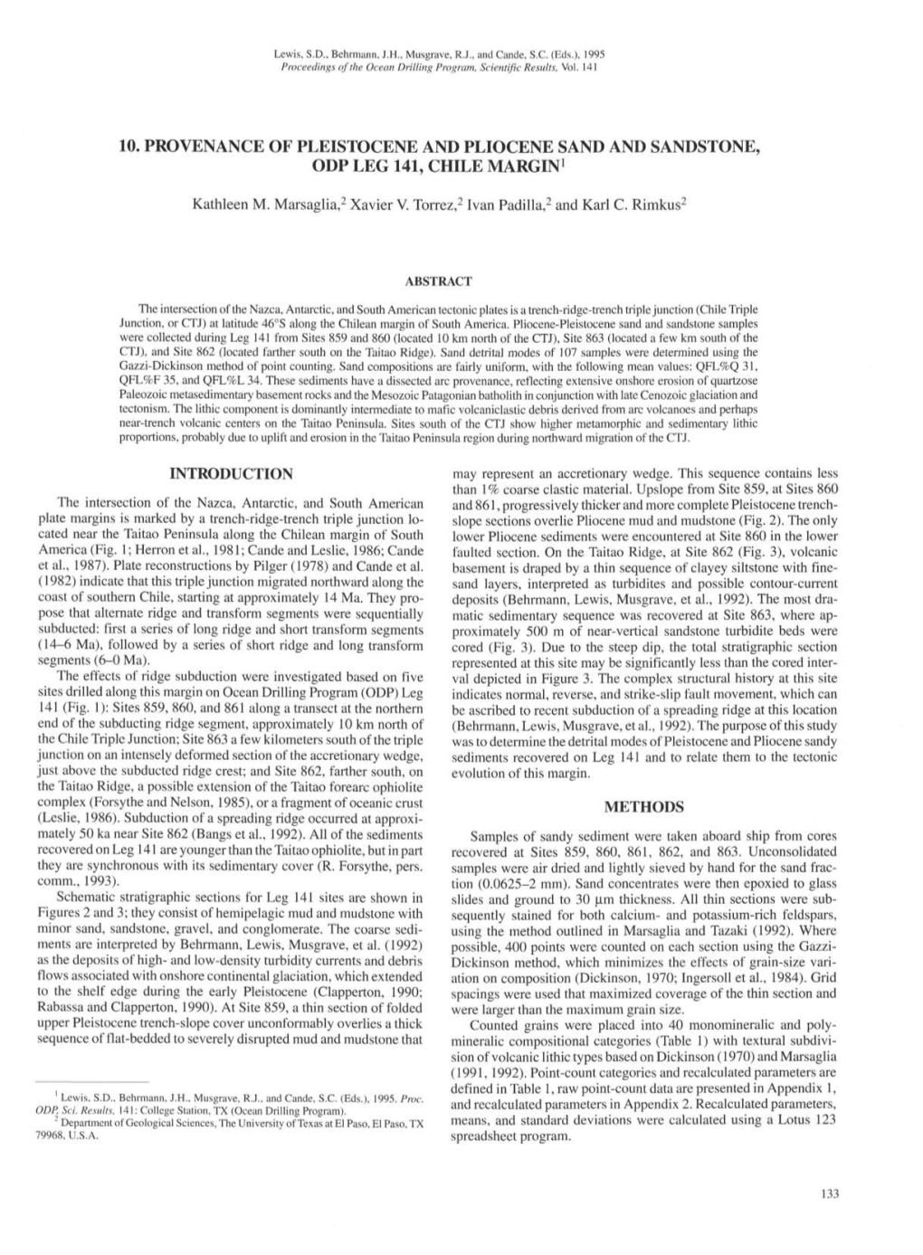 10. Provenance of Pleistocene and Pliocene Sand and Sandstone, Odp Leg 141, Chile Margin1