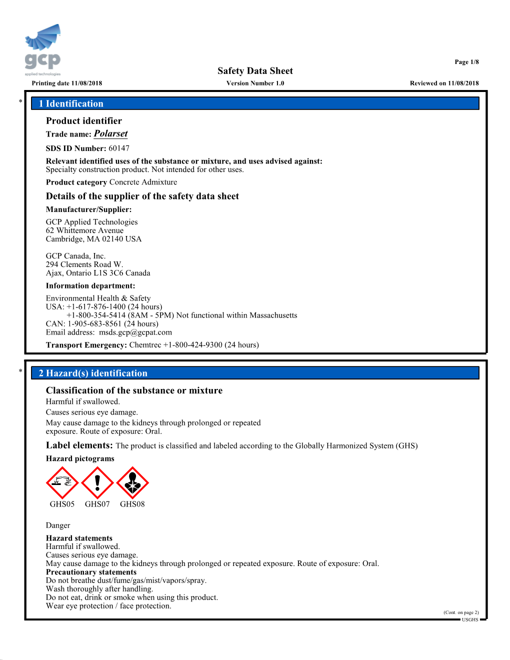 Data Sheet Printing Date 11/08/2018 Version Number 1.0 Reviewed on 11/08/2018