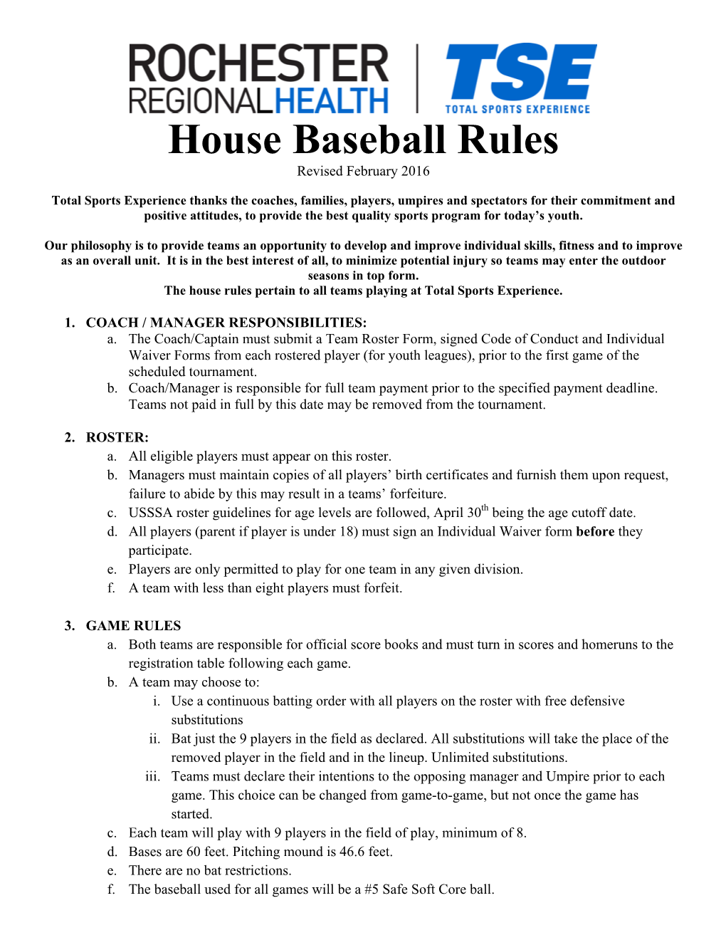 House Baseball Rules Revised February 2016