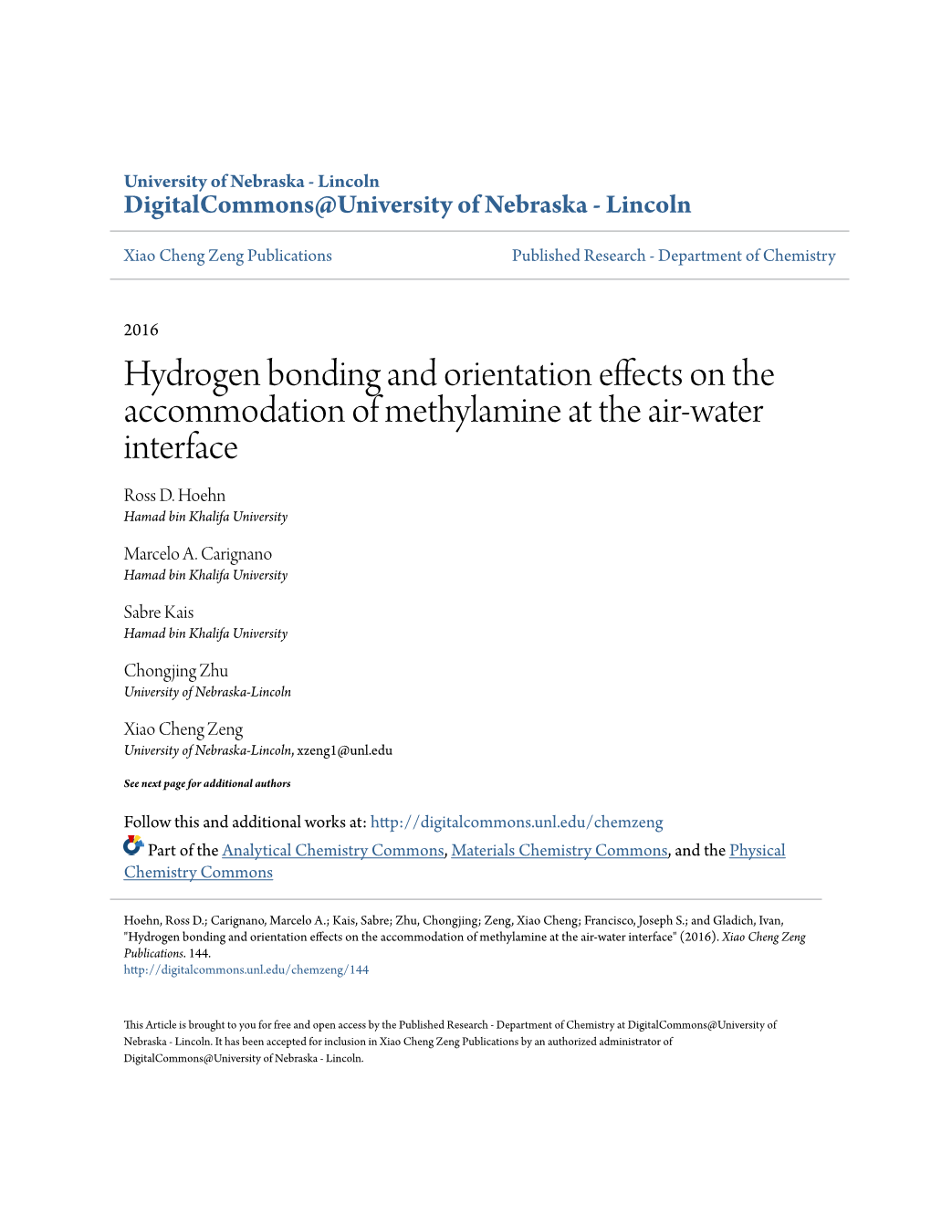 Hydrogen Bonding and Orientation Effects on the Accommodation of Methylamine at the Air-Water Interface Ross D