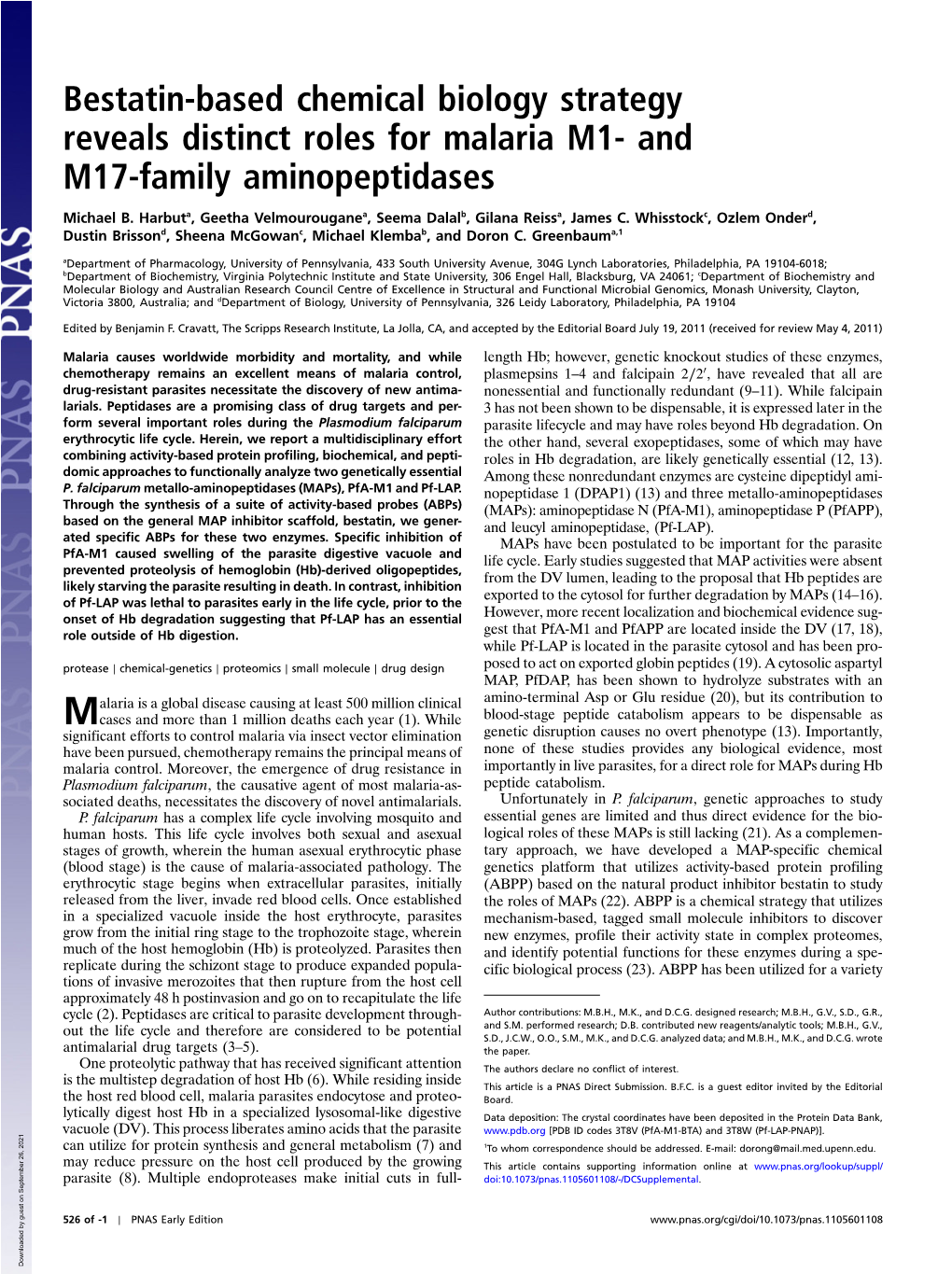 Bestatin-Based Chemical Biology Strategy Reveals Distinct Roles for Malaria M1- and M17-Family Aminopeptidases