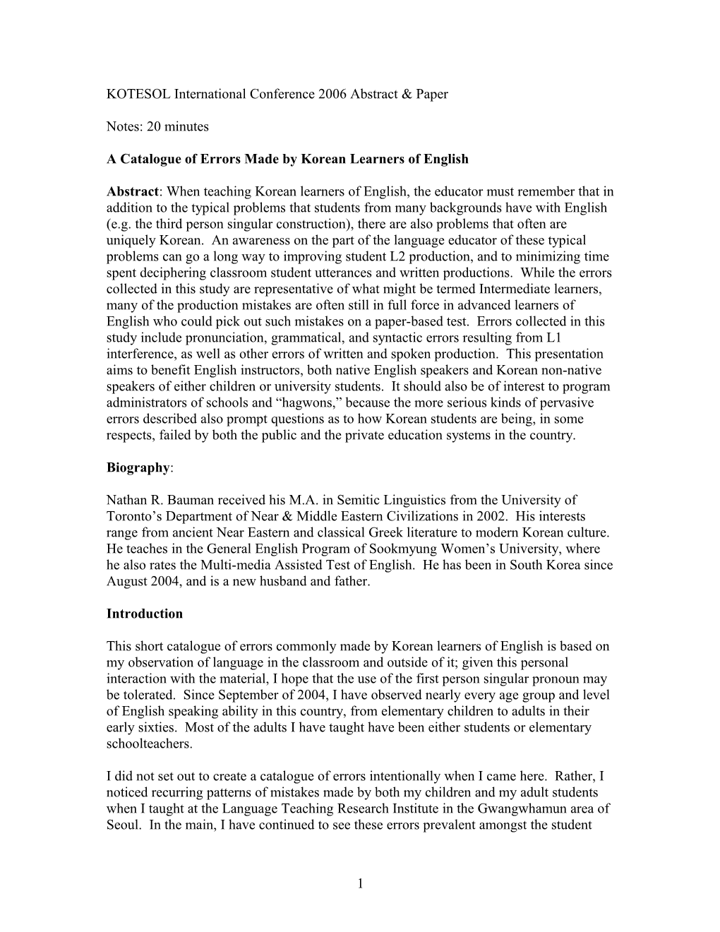 KOTESOL International Conference 2006 Proposal & Paper