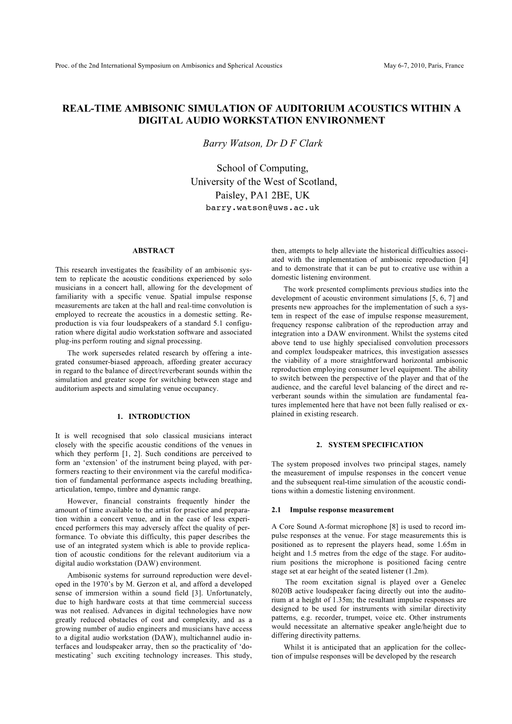 Real-Time Ambisonic Simulation of Auditorium Acoustics Within a Digital Audio Workstation Environment