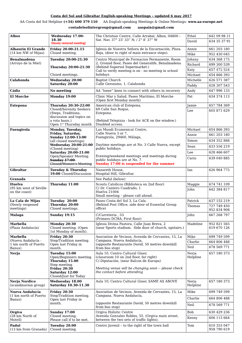 Costa Del Sol and Gibraltar English-Speaking Meetings