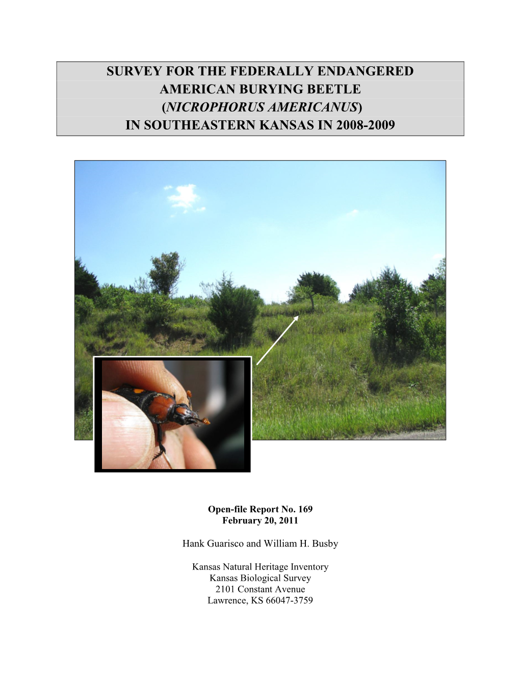 Survey for the Federally Endangered American Burying Beetle (Nicrophorus Americanus) in Southeastern Kansas in 2008-2009