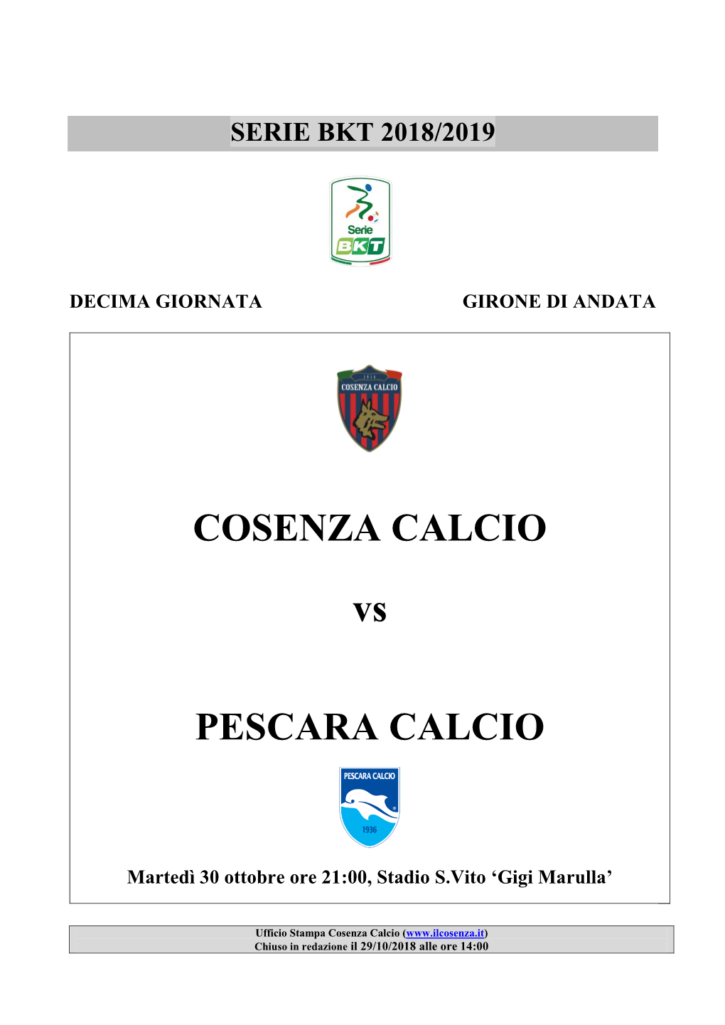 COSENZA CALCIO Vs PESCARA CALCIO