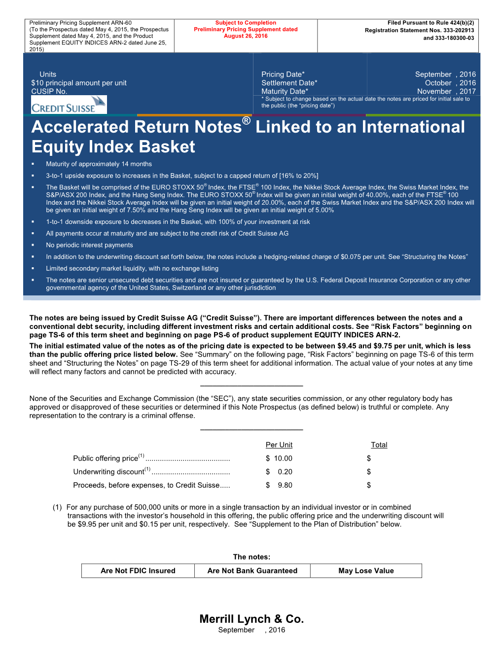 Accelerated Return Notes Linked to an International Equity Index Basket, Due November , 2017