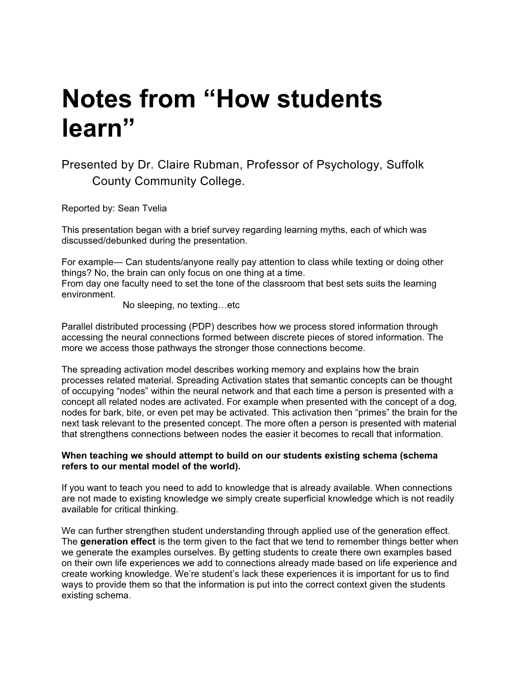 Notes from How Students Learn