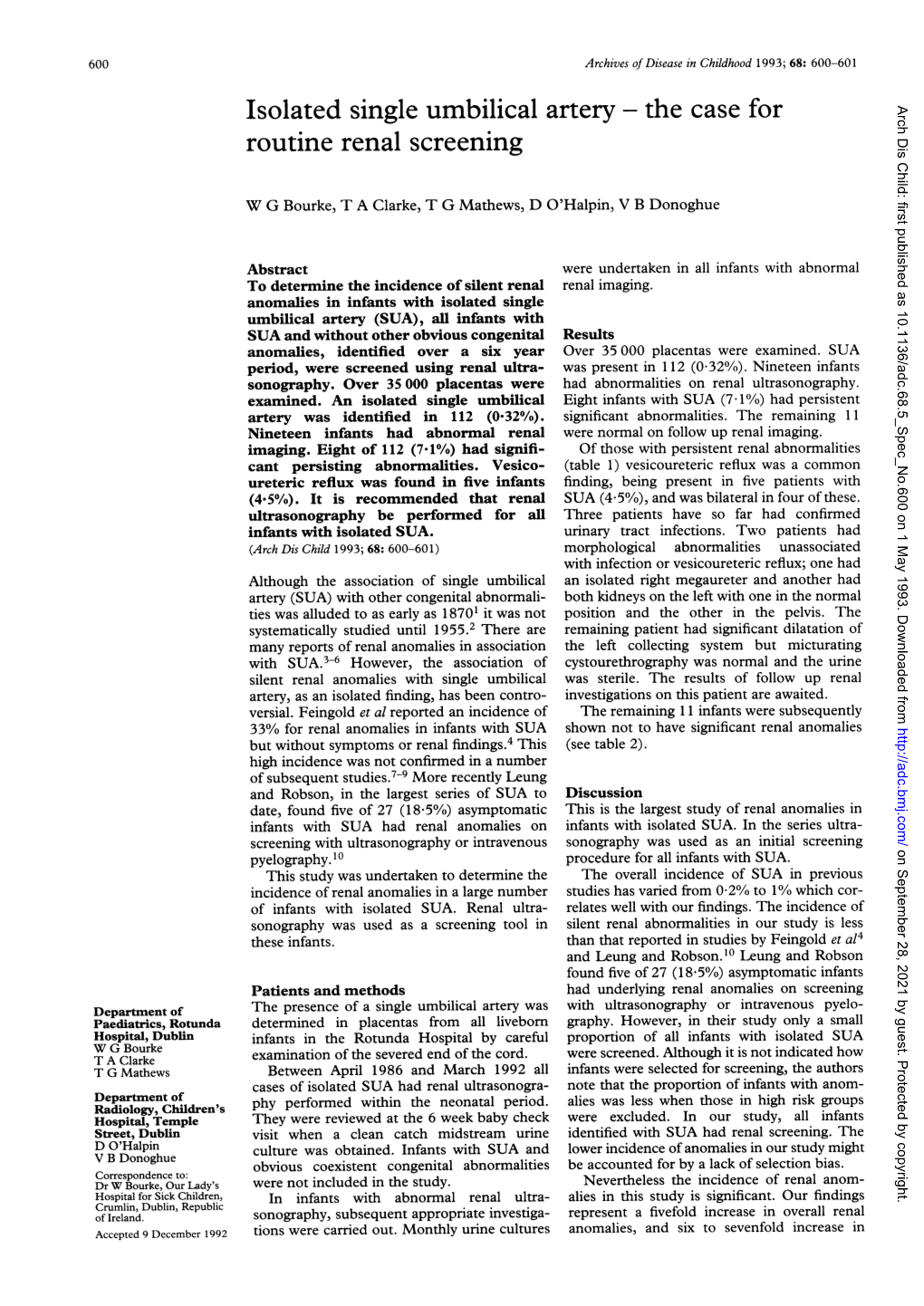 Isolated Single Umbilical Artery - the Case for Routine Renal Screening