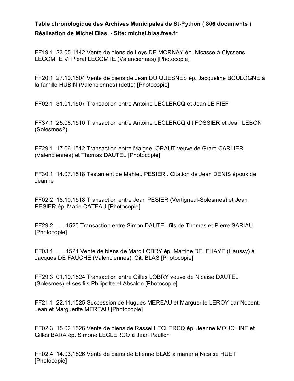 Table Chronologique Des Archives Municipales De St-Python ( 806 Documents ) Réalisation De Michel Blas. - Site: Michel.Blas.Free.Fr