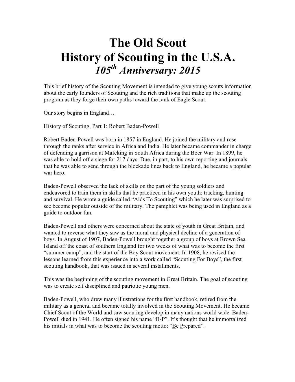 The Old Scout History of Scouting in the U.S.A. 105Th Anniversary: 2015