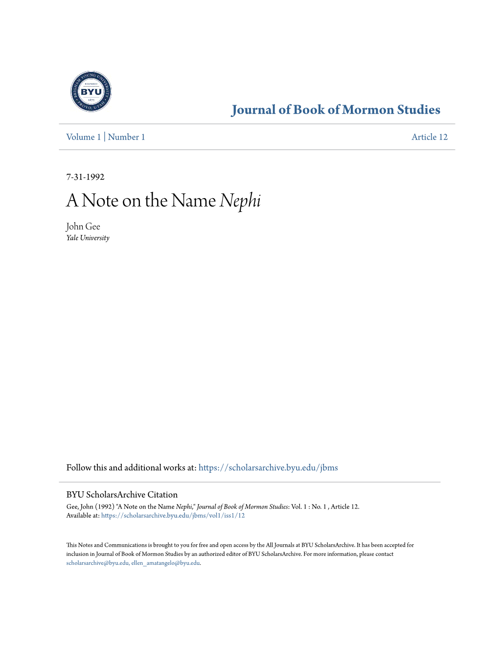 A Note on the Name &lt;I&gt;Nephi&lt;/I&gt;