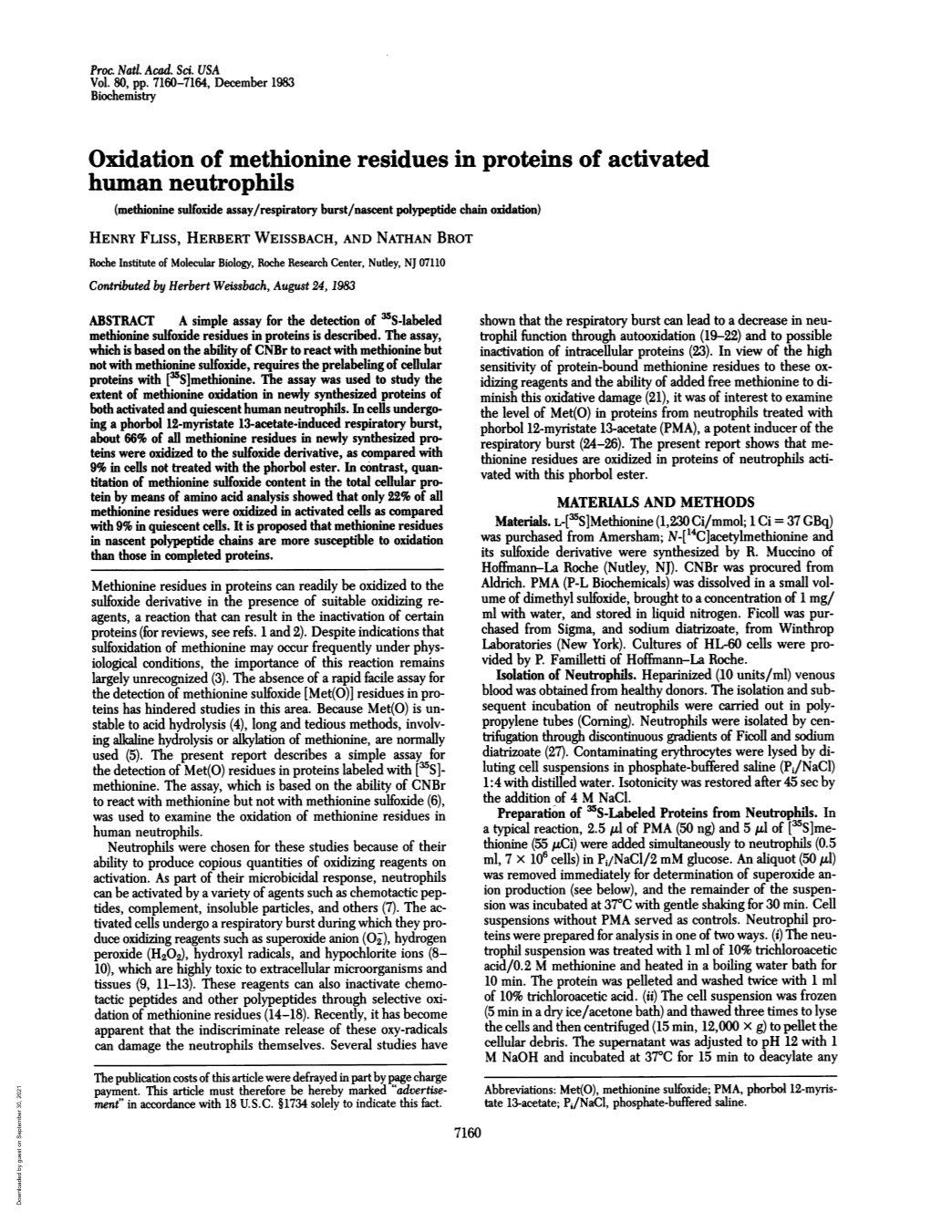 Oxidation of Methionine Residues in Proteins of Activated Human