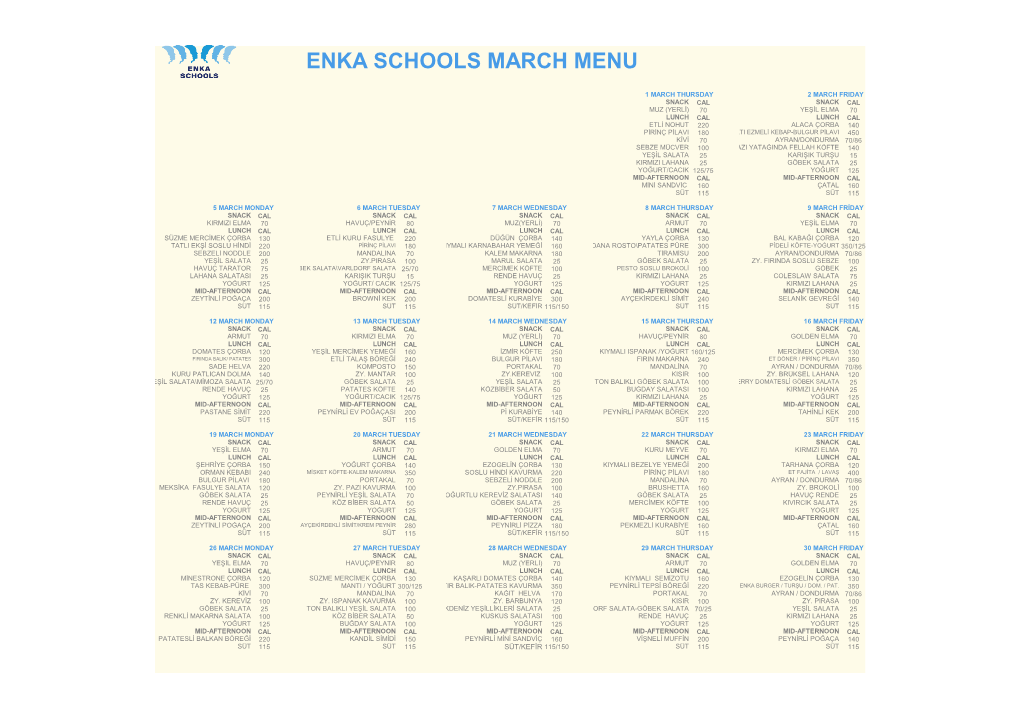 Enka Schools March Menu