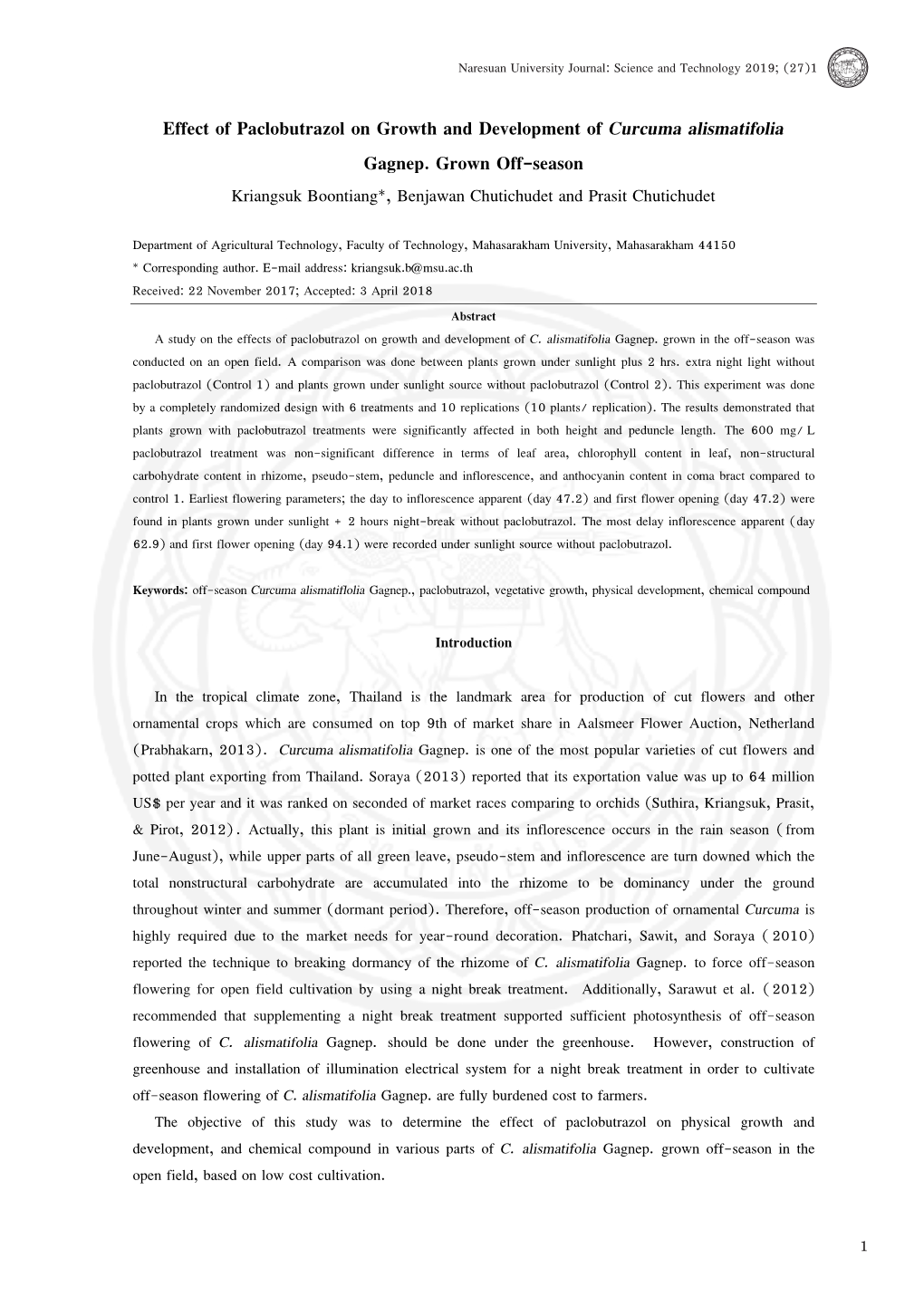 Effect of Paclobutrazol on Growth and Development of Curcuma Alismatifolia Editorial Gagnep