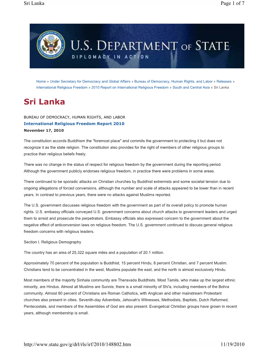 Report on International Religious Freedom 2010: Sri Lanka