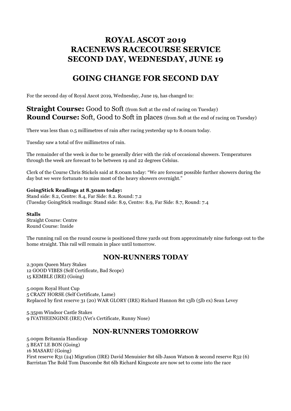 Royal Ascot 2019 Racenews Racecourse Service Second Day, Wednesday, June 19