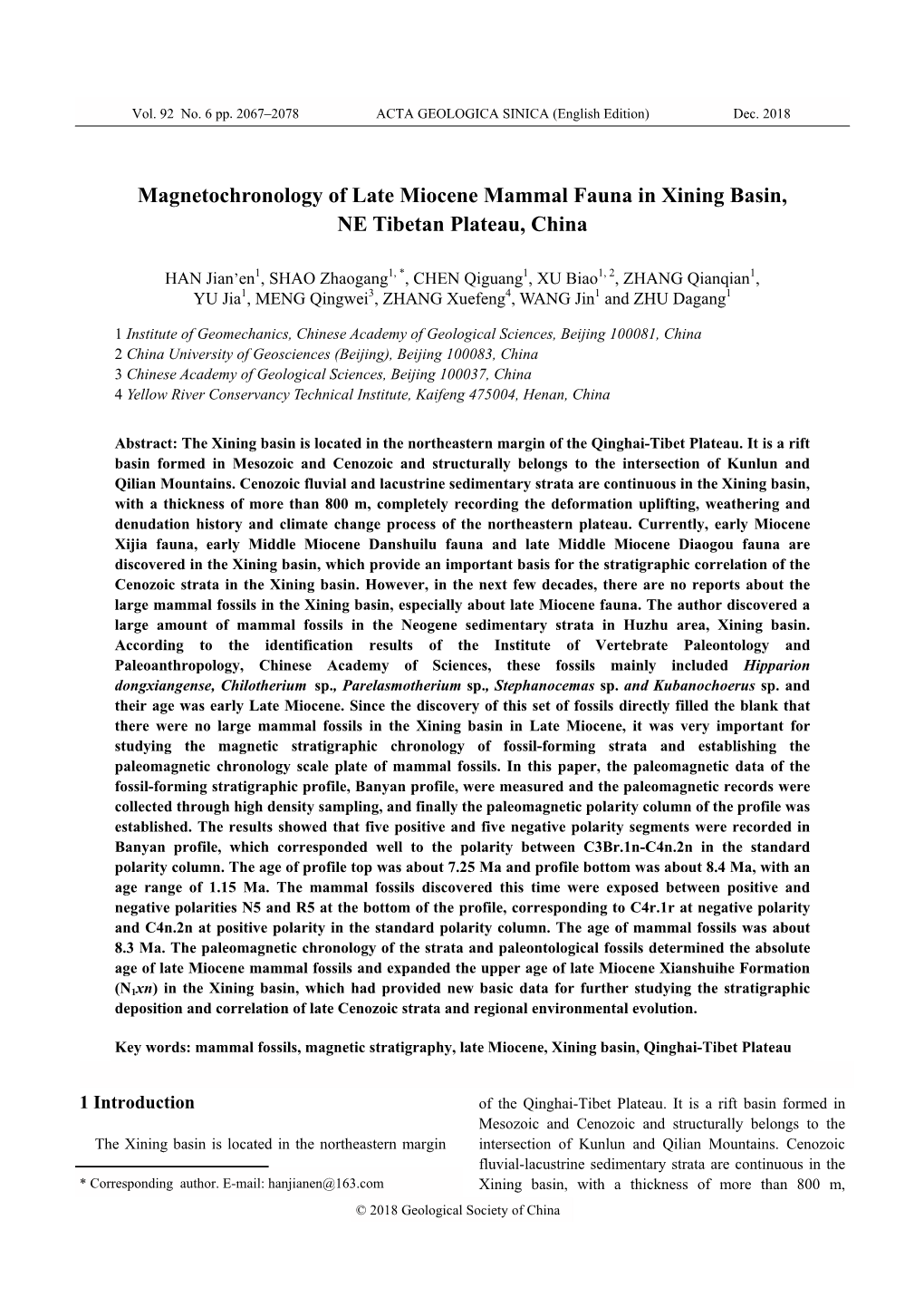 Magnetochronology of Late Miocene Mammal Fauna in Xining Basin, NE Tibetan Plateau, China