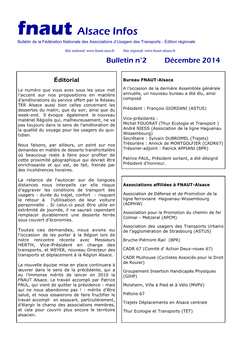 Fnaut Alsace Infos Bulletin De La Fédération Nationale Des Associations D’Usagers Des Transports - Édition Régionale