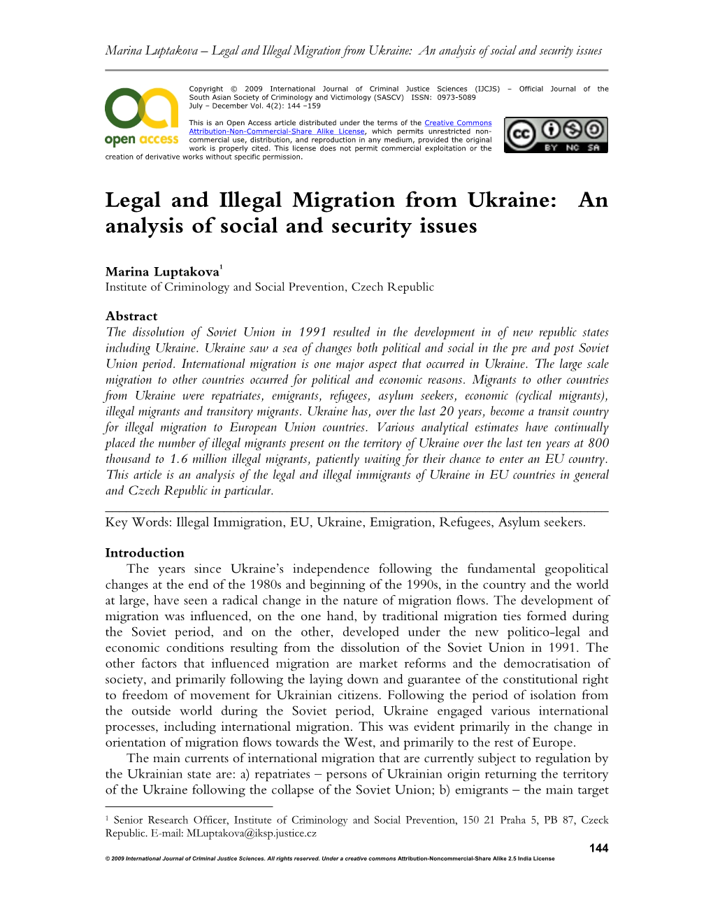 Legal and Illegal Migration from Ukraine: an Analysis of Social and Security Issues