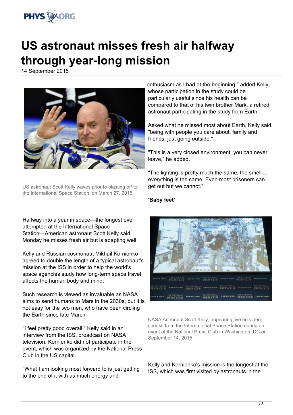 US Astronaut Misses Fresh Air Halfway Through Year-Long Mission 14 September 2015