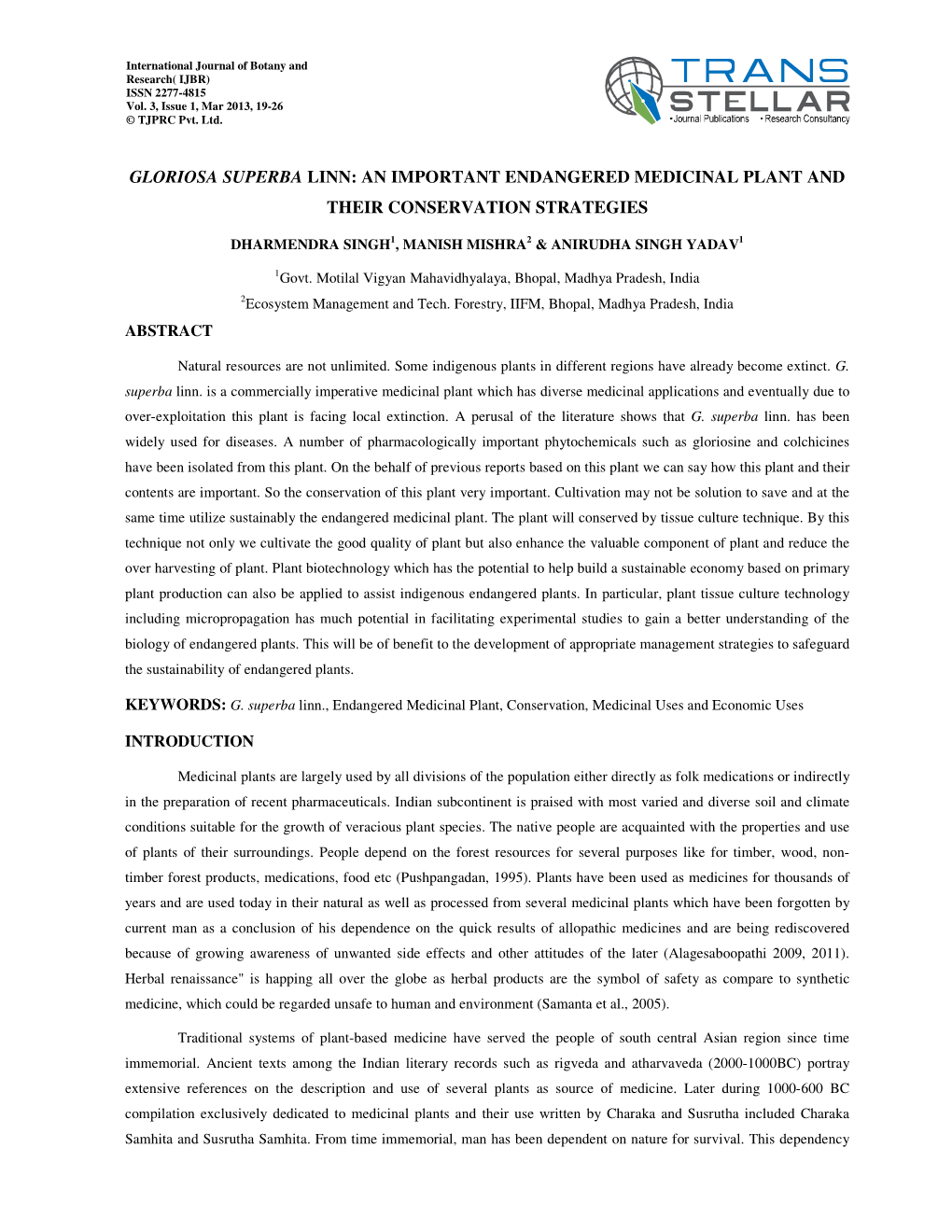 Gloriosa Superba Linn: an Important Endangered Medicinal Plant and Their Conservation Strategies