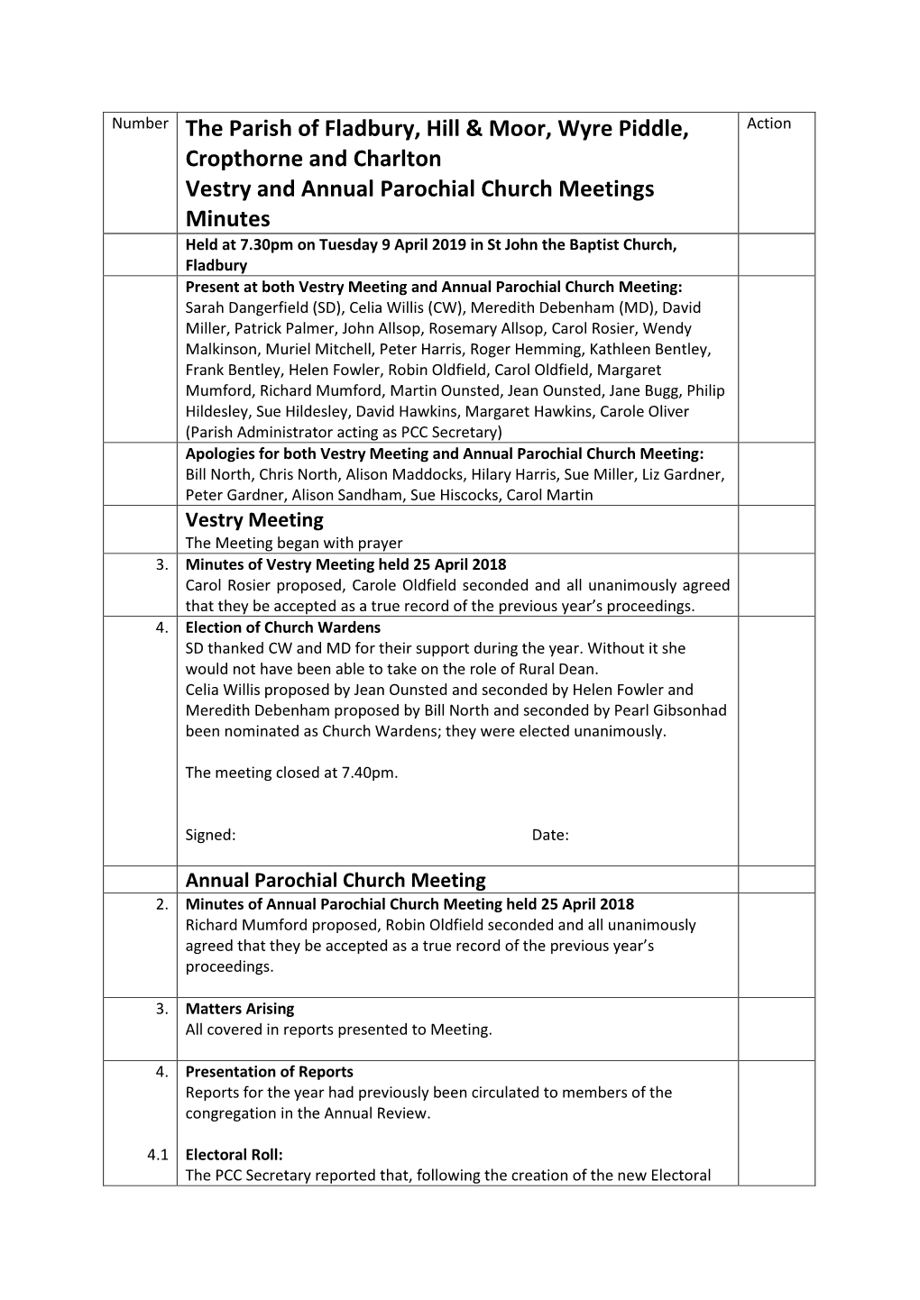 Number the Parish of Fladbury, Hill & Moor, Wyre Piddle, Cropthorne and Charlton Vestry and Annual Parochial Church Meetings