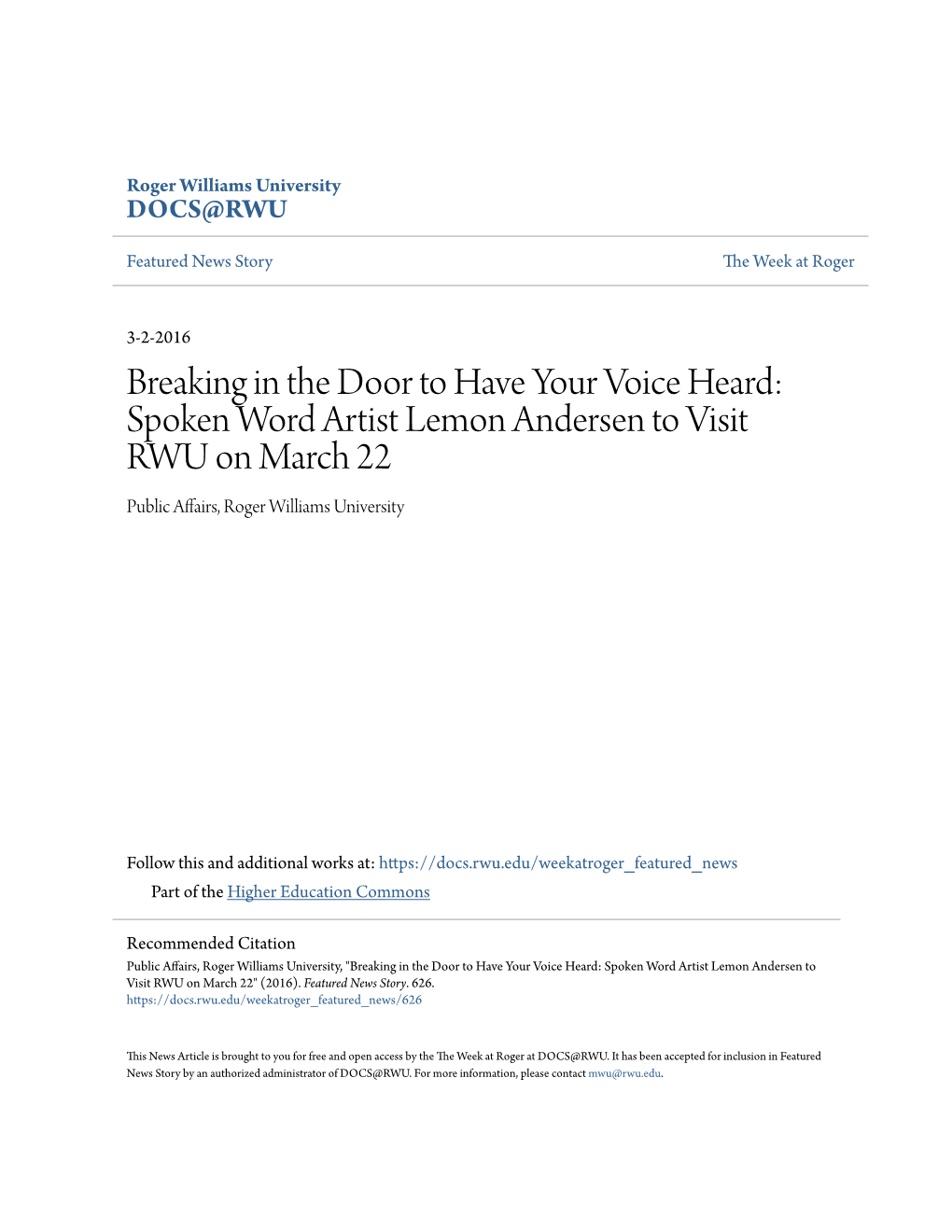 Spoken Word Artist Lemon Andersen to Visit RWU on March 22 Public Affairs, Roger Williams University