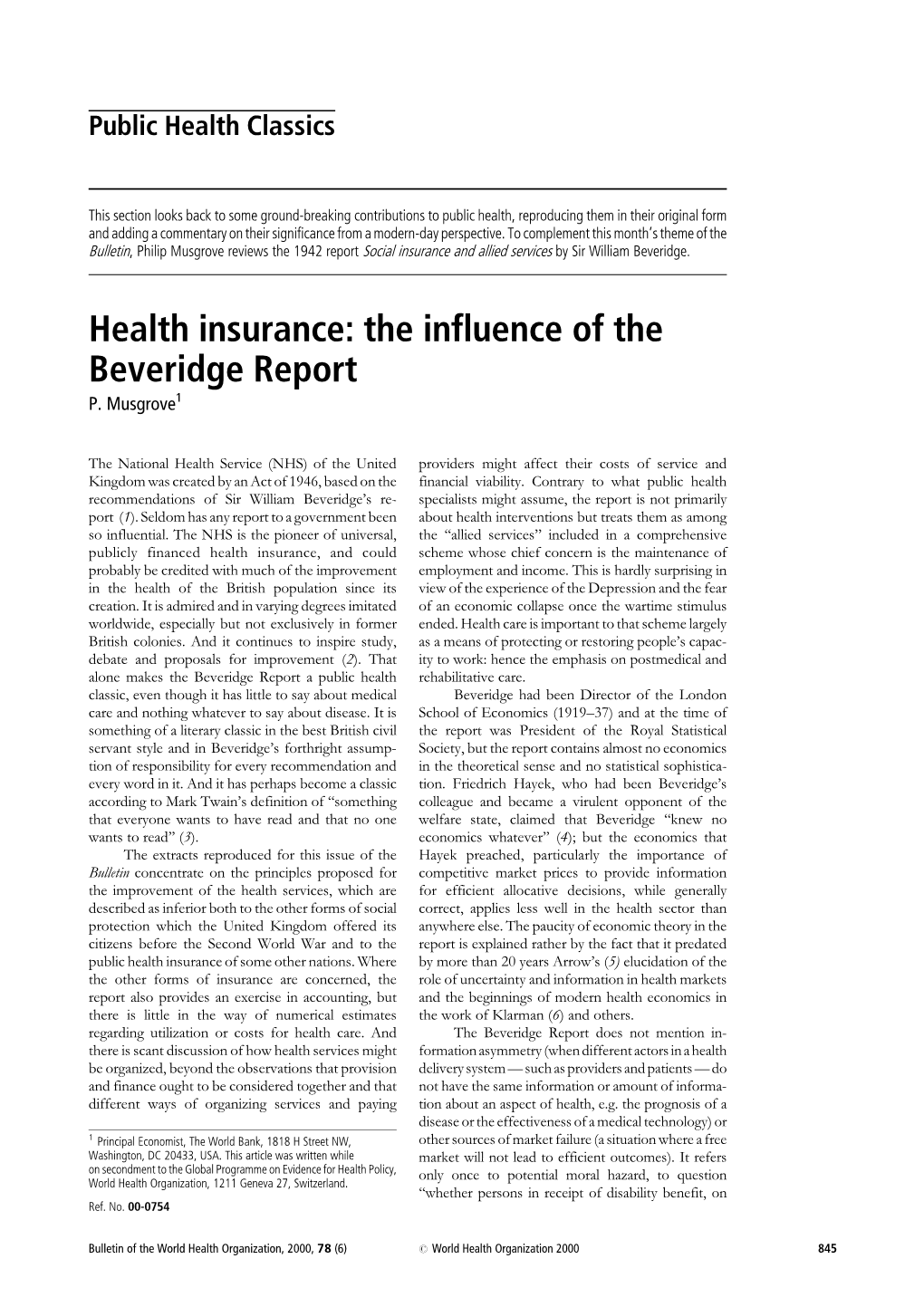 Health Insurance: the Influence of the Beveridge Report P