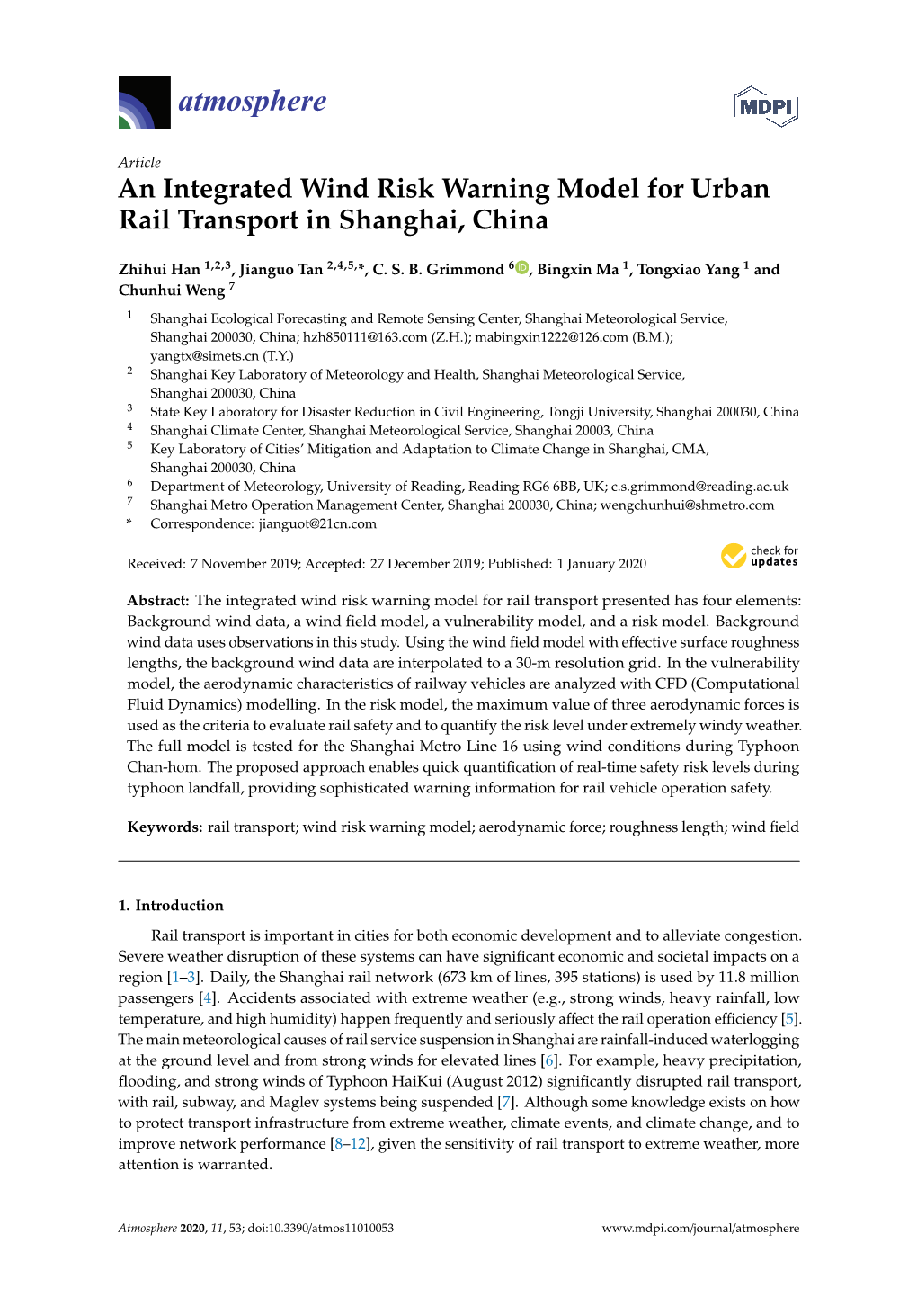 An Integrated Wind Risk Warning Model for Urban Rail Transport in Shanghai, China