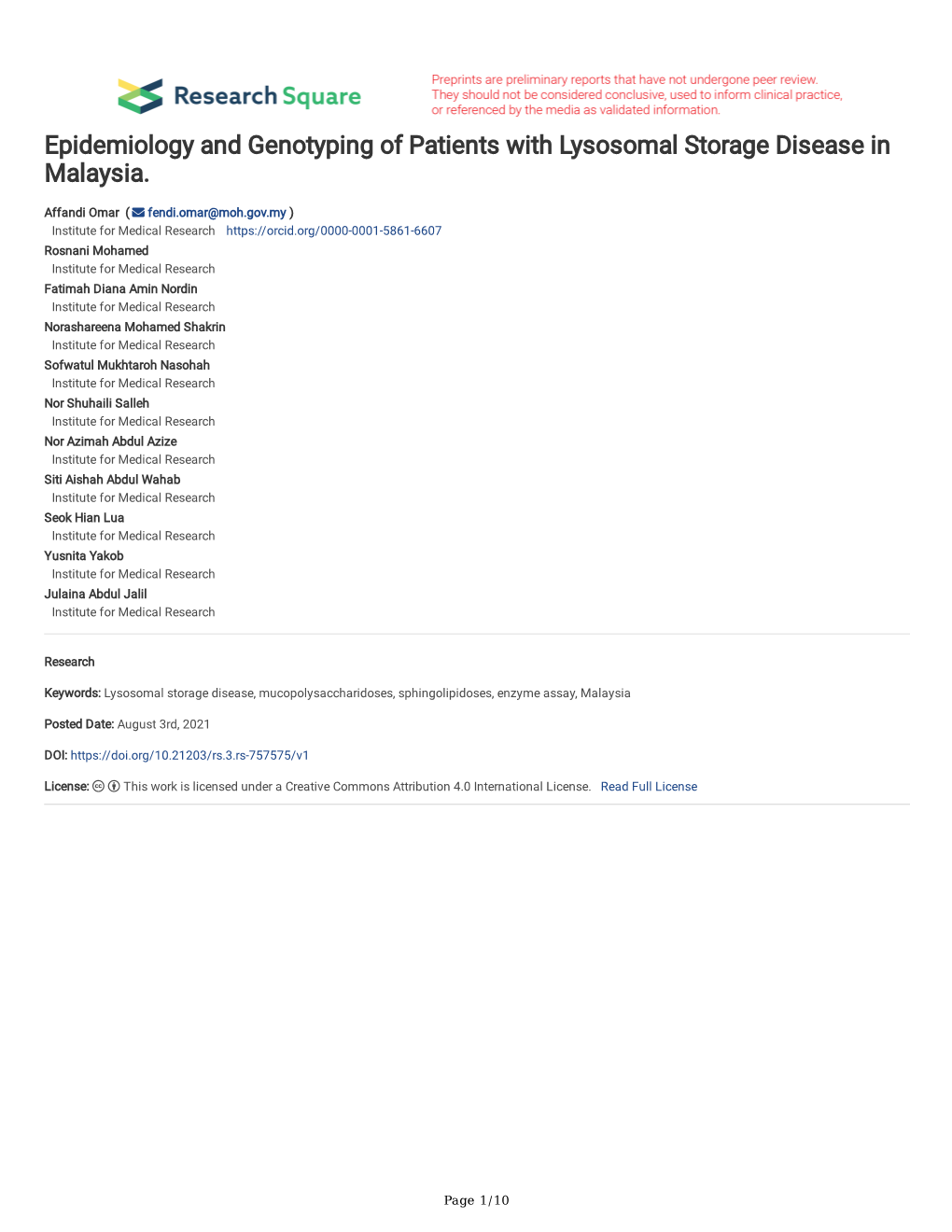 Epidemiology and Genotyping of Patients with Lysosomal Storage Disease in Malaysia