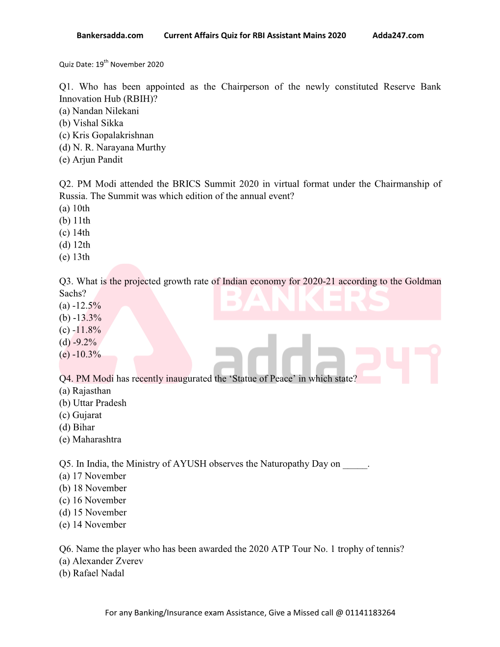 Bankersadda.Com Current Affairs Quiz for RBI Assistant Mains 2020 Adda247.Com