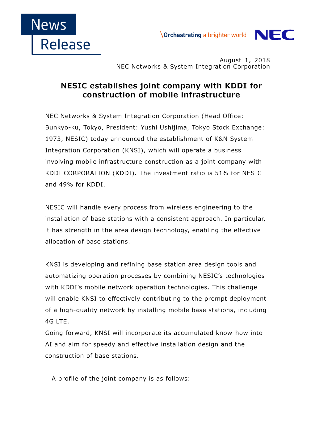 NESIC Establishes Joint Company with KDDI for Construction of Mobile Infrastructure