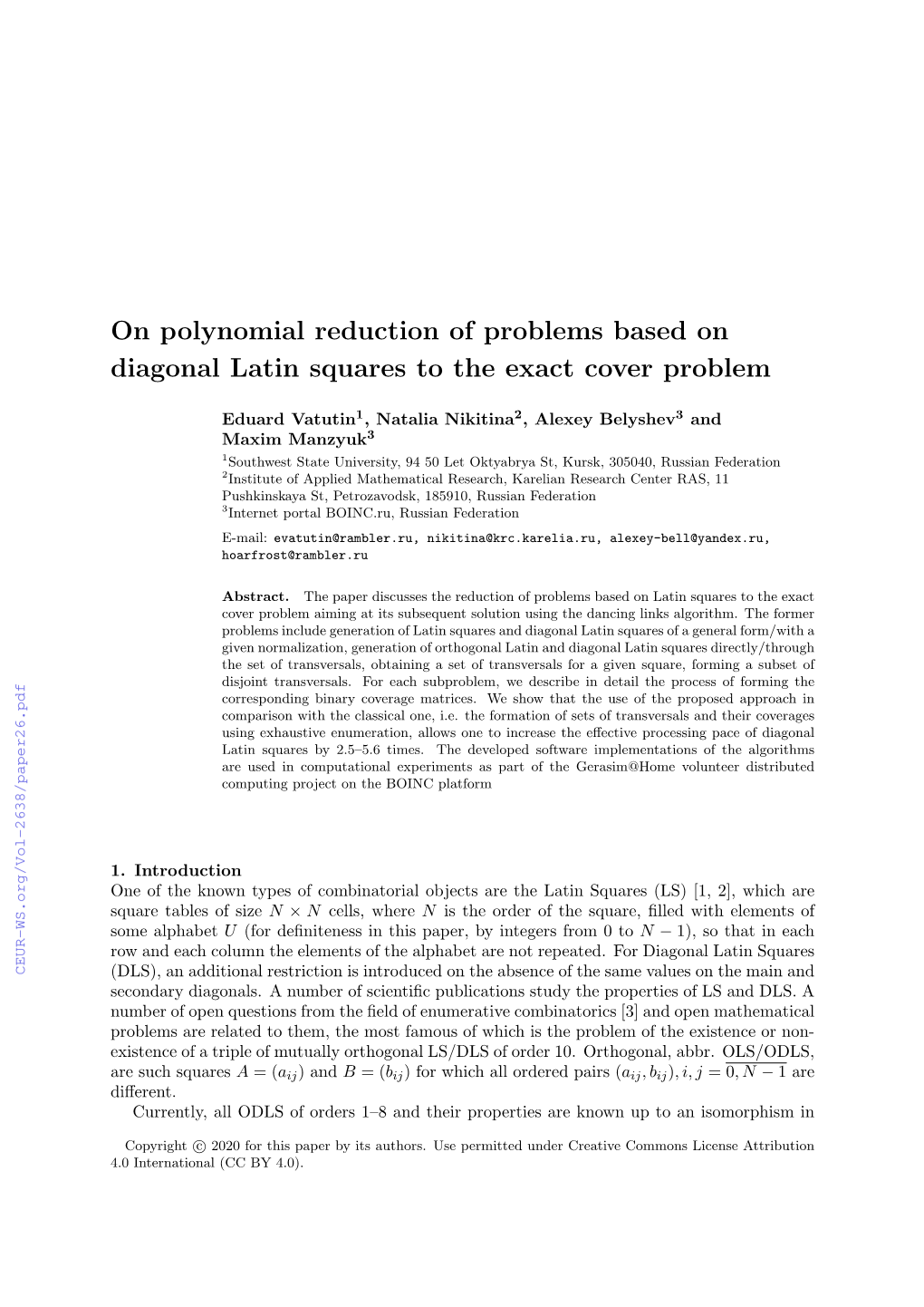 On Polynomial Reduction of Problems Based on Diagonal Latin Squares to the Exact Cover Problem