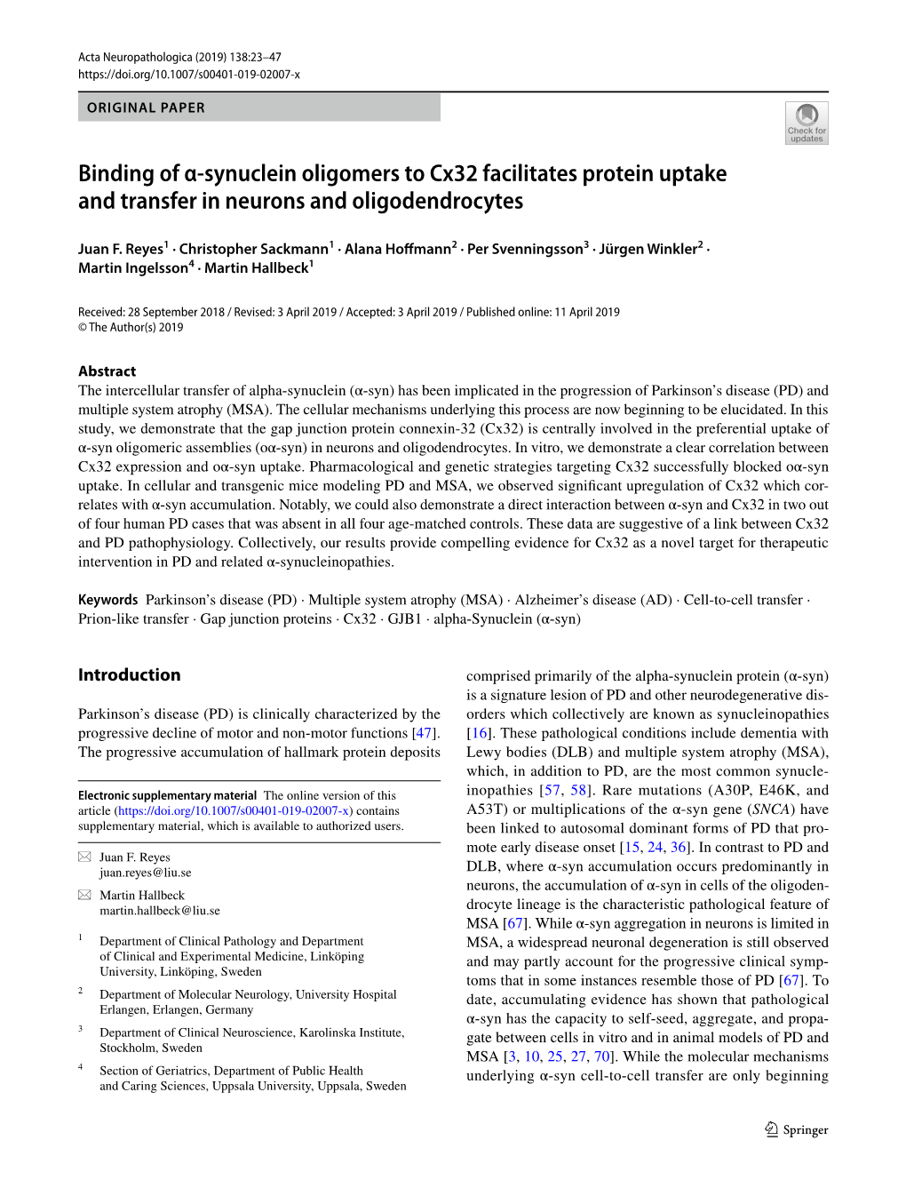 Binding of Α-Synuclein Oligomers to Cx32 Facilitates Protein Uptake and Transfer in Neurons and Oligodendrocytes