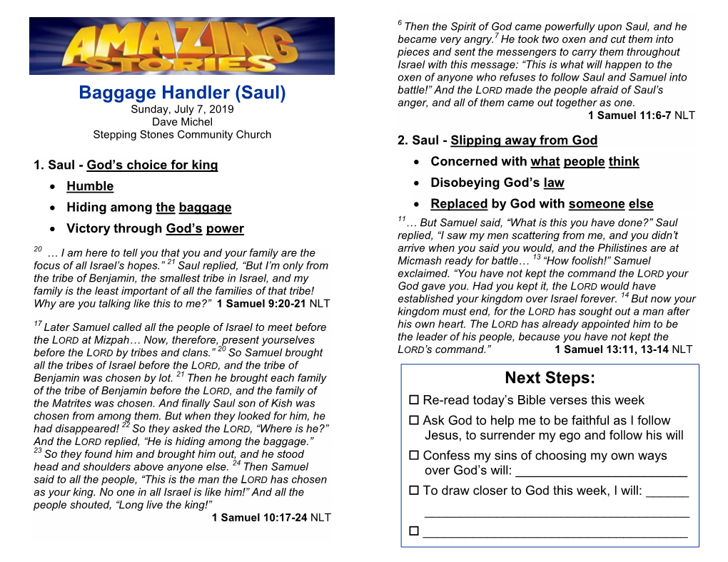 Baggage Handler (Saul) Battle!” and the LORD Made the People Afraid of Saul’S Anger, and All of Them Came out Together As One