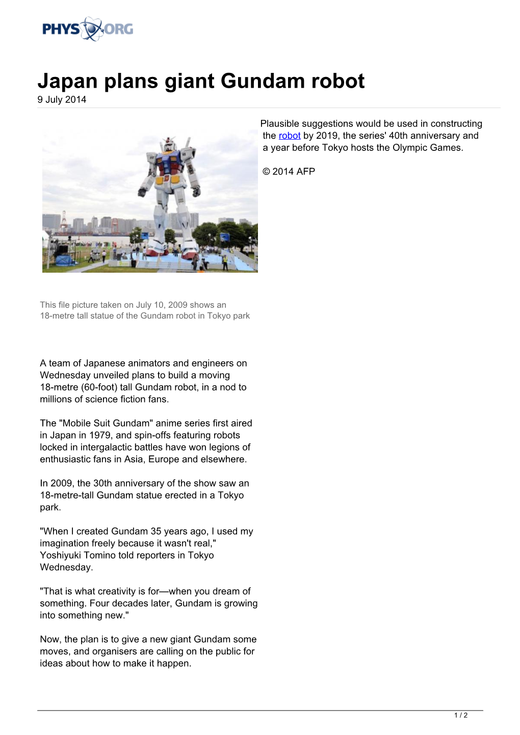 Japan Plans Giant Gundam Robot 9 July 2014