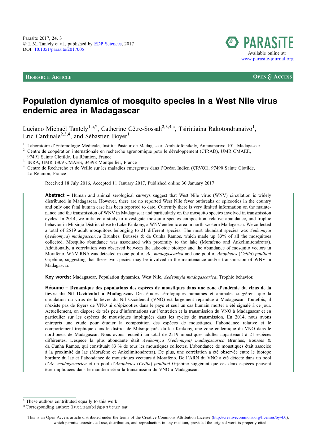 Population Dynamics of Mosquito Species in a West Nile Virus Endemic Area in Madagascar