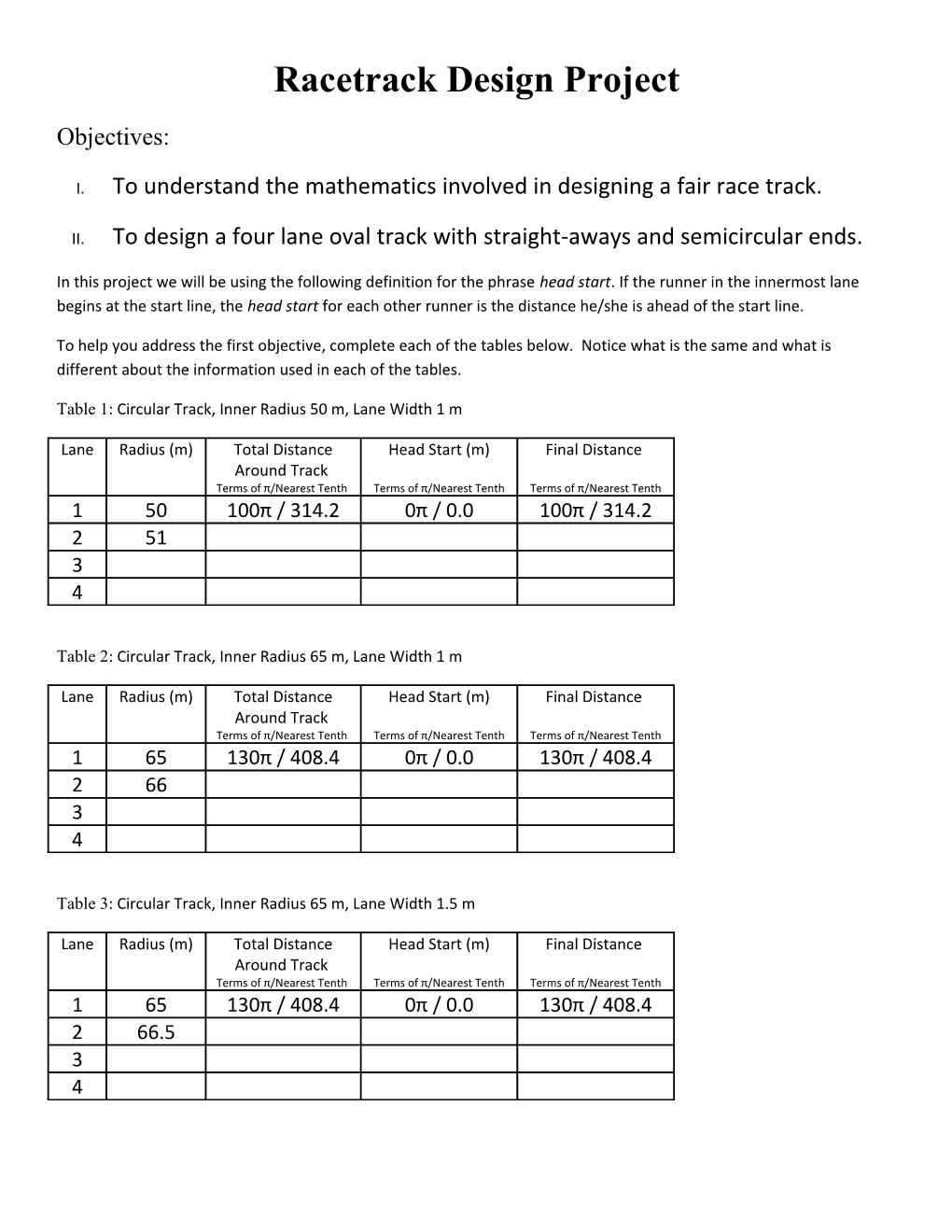 I. to Understand the Mathematics Involved in Designing a Fair Race Track