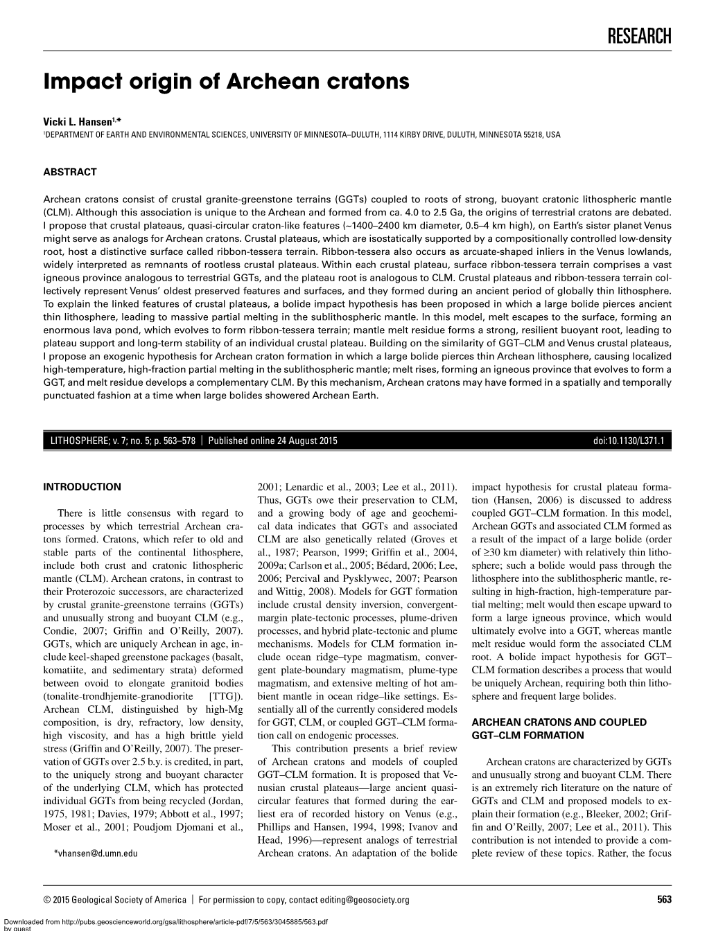 RESEARCH Impact Origin of Archean Cratons